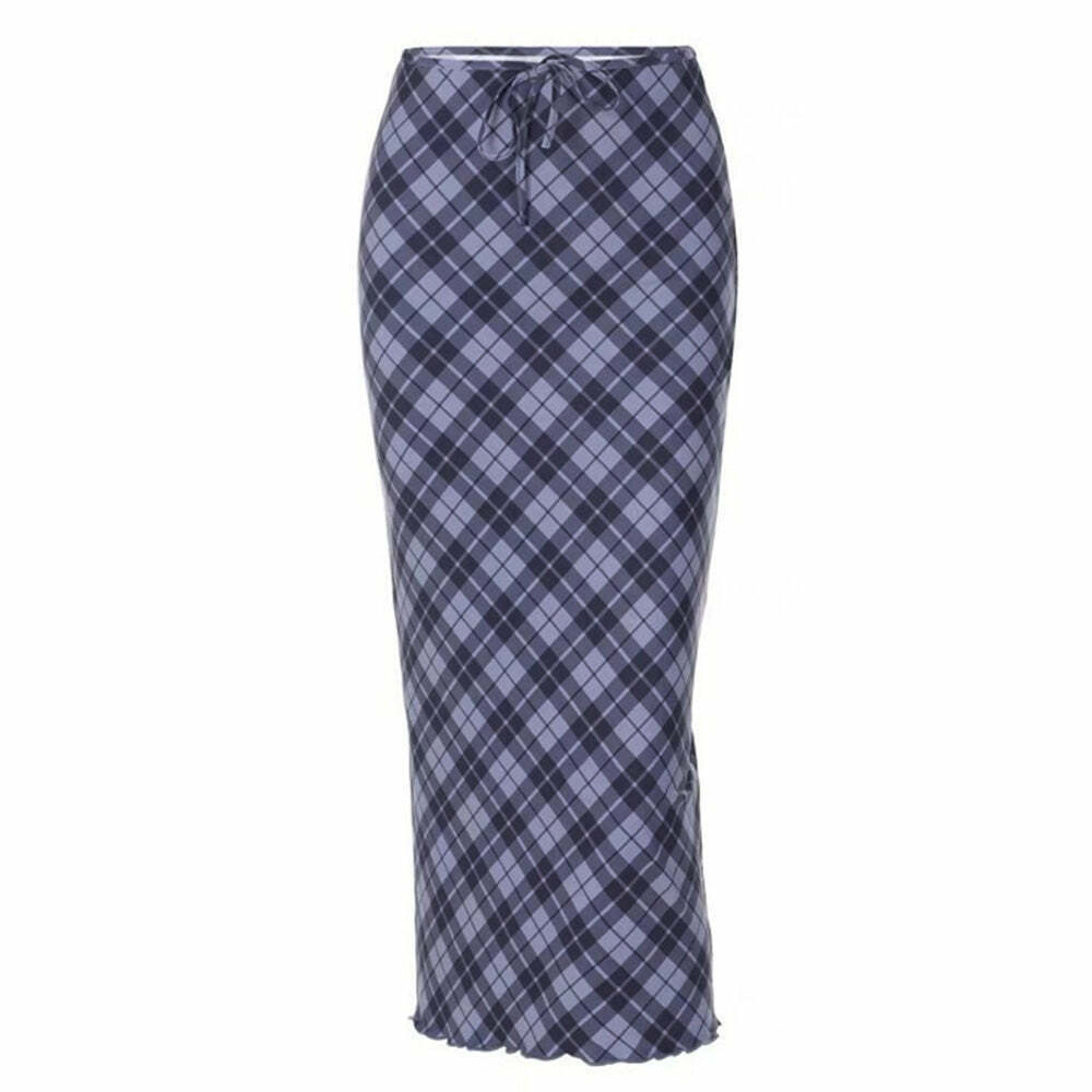 Trendy Y2K Plaid Maxi Skirt with Drawstring, Grey Cargo Style for a Chic Emo Look