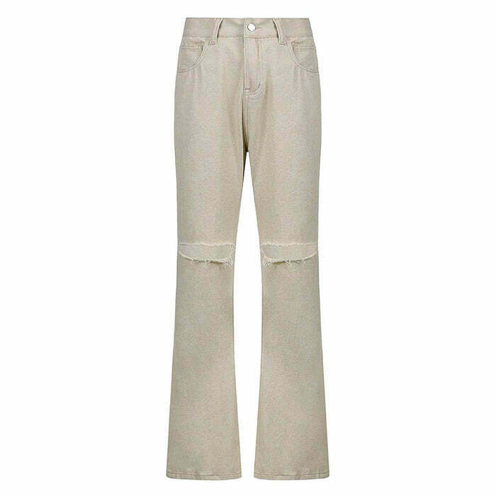 Trendy Y2K Portrait Mode Flare Jeans with Star Patch and Ripped Details for a Chic Look