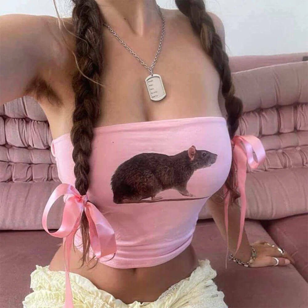 Trendy Y2K Rat Pink Tube Top - Stylish Denim Design for a Retro Fashion Statement