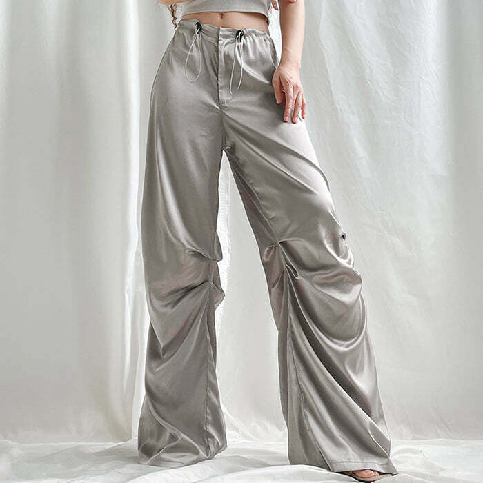 Trendy Y2K Satin Wide Pants in Vibrant Orange - Stylish Cargo & Rivet Design