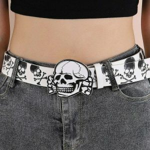 Trendy Y2K Skull Belt with Oval Buckle, Rivets & Bedazzled Details for Stylish Outfits