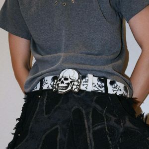 Trendy Y2K Skull Belt with Oval Buckle, Rivets & Bedazzled Details for Stylish Outfits