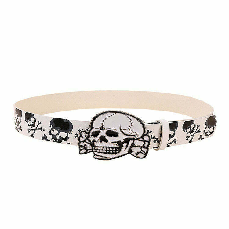 Trendy Y2K Skull Belt with Oval Buckle, Rivets & Bedazzled Details for Stylish Outfits