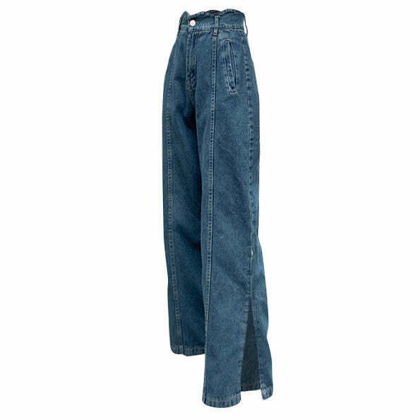 Trendy Y2K Slit Jeans with Star Patch and Ripped Details for a Stylish Look