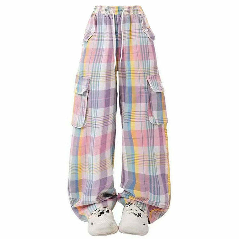 Trendy Y2K Soft Girl Plaid Cargo Pants in Orange with Rivets - Stylish Checkered Design