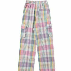 Trendy Y2K Soft Girl Plaid Cargo Pants in Orange with Rivets - Stylish Checkered Design