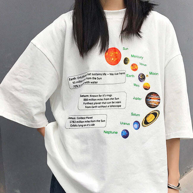 Trendy Y2K Solar System Oversized Graphic Tee - Stylish Bow Design for Fashion Lovers