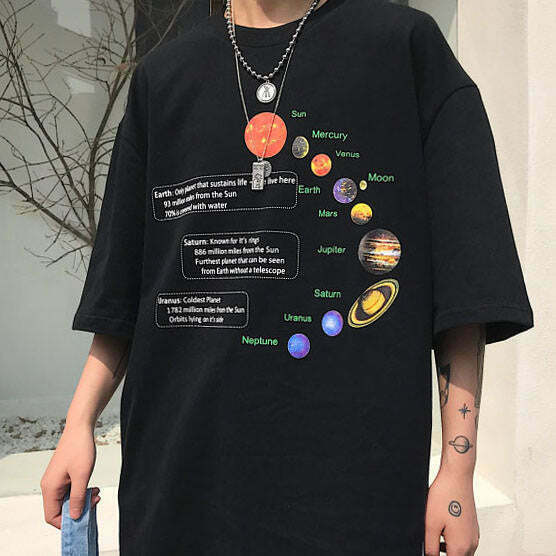 Trendy Y2K Solar System Oversized Graphic Tee - Stylish Bow Design for Fashion Lovers