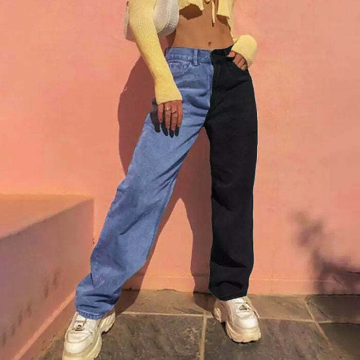 Trendy Y2K Split Color Jeans with Buckles - Stylish Color Block Design for Unique Looks