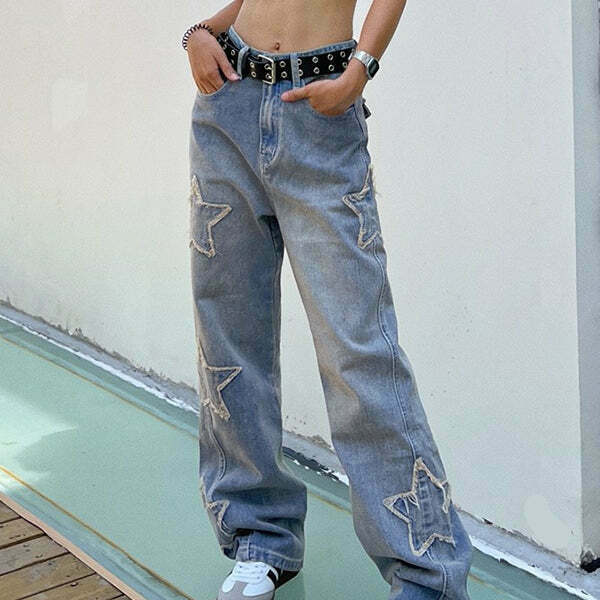 Trendy Y2K Star Baggy Jeans with Distressed Details for a Retro Chic Look