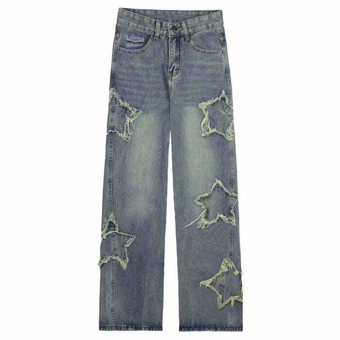 Trendy Y2K Star Baggy Jeans with Distressed Details for a Retro Chic Look