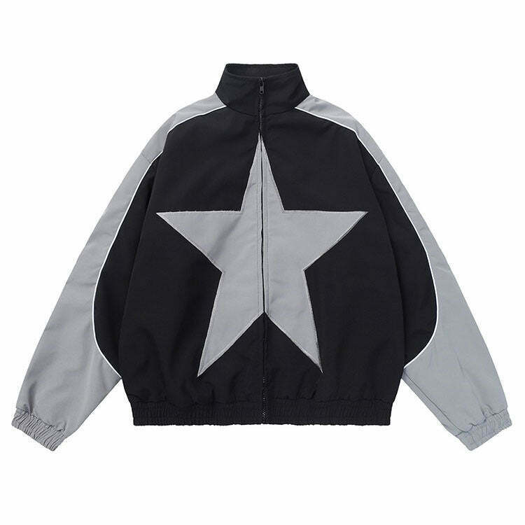 Trendy Y2K Star Girl Bomber Jacket - Stylish Color Block Design with Baggy Fit