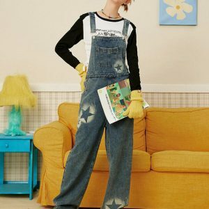 Trendy Y2K Star Girl Denim Overalls with Pleated Skirt Design for a Chic Vintage Look