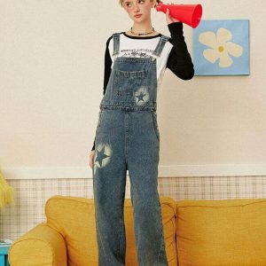 Trendy Y2K Star Girl Denim Overalls with Pleated Skirt Design for a Chic Vintage Look