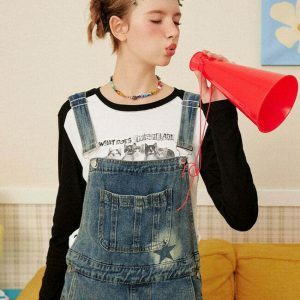 Trendy Y2K Star Girl Denim Overalls with Pleated Skirt Design for a Chic Vintage Look