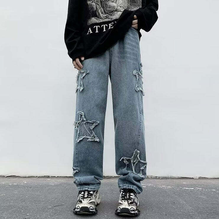 Trendy Y2K Star Patch Jeans with Ripped Details and Low Rise Baggy Fit for Stylish Looks