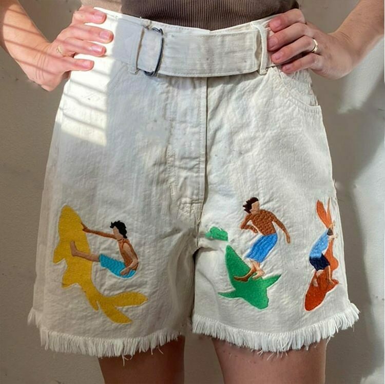 Trendy Y2K Surfing and Sharks Embroidery Denim Shorts with Rhinestone Fringe Detail