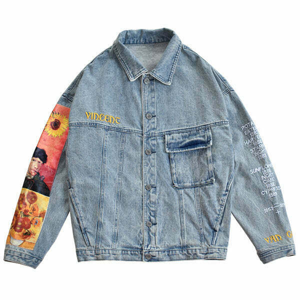 Trendy Y2K Van Gogh Denim Jacket - Stylish Color Block Design for Fashion-Forward Looks