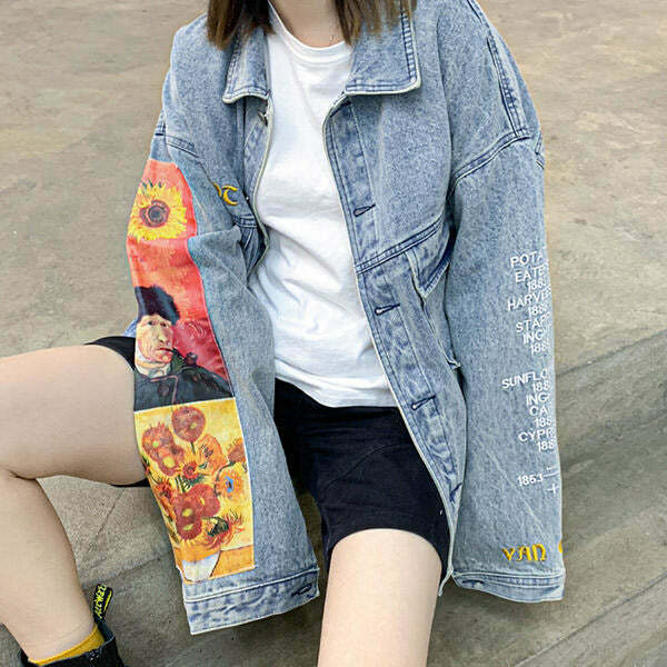 Trendy Y2K Van Gogh Denim Jacket - Stylish Color Block Design for Fashion-Forward Looks