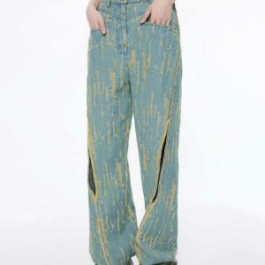 Trendy Y2K Wide Jeans with Star Patch and Ripped Details for a Stylish Look