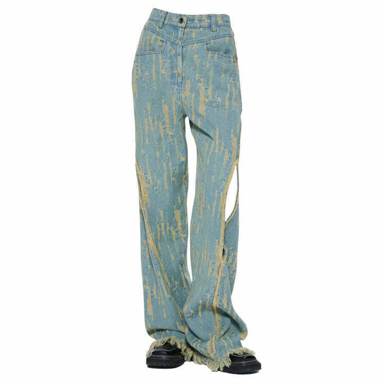 Trendy Y2K Wide Jeans with Star Patch and Ripped Details for a Stylish Look