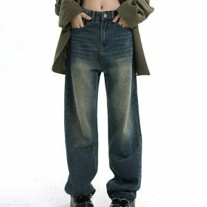 Trendy Y2K Wide Leg Jeans for Men - Stylish Brown Washed & Stacked Ripped Designs