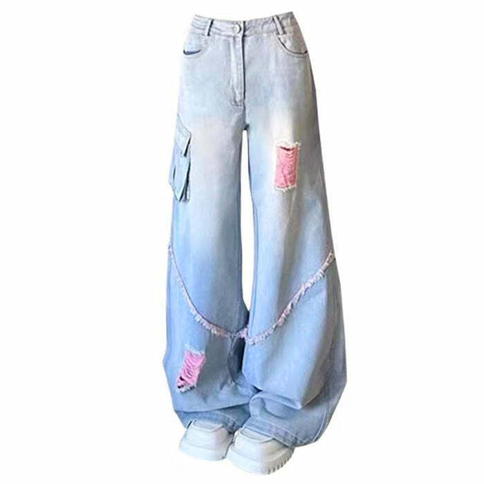 Trendy Y2K Wide Leg Jeans in Vintage Wash - Stylish High-Waisted Denim for a Retro Look