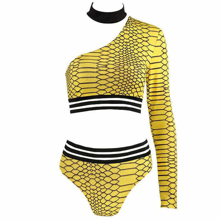 Trendy Yellow Snake Matching Set with Snakeskin Shorts and Stylish Denim Jacket