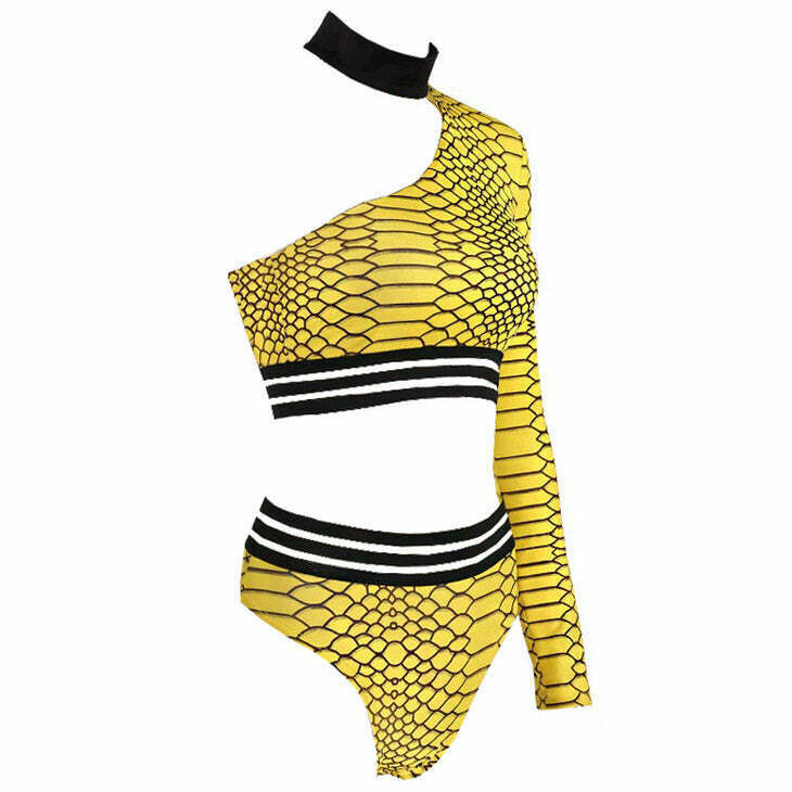 Trendy Yellow Snake Matching Set with Snakeskin Shorts and Stylish Denim Jacket