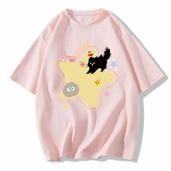 Trendy Yellow Star Cat T-Shirt - Stylish Cat Graffiti Design, Soft Cotton Blend for Comfort