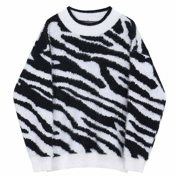 Trendy Zebra Print Knit Sweater - Cozy Y2K Style with Unique Aesthetic Appeal