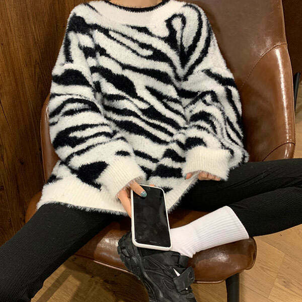 Trendy Zebra Print Knit Sweater - Cozy Y2K Style with Unique Aesthetic Appeal