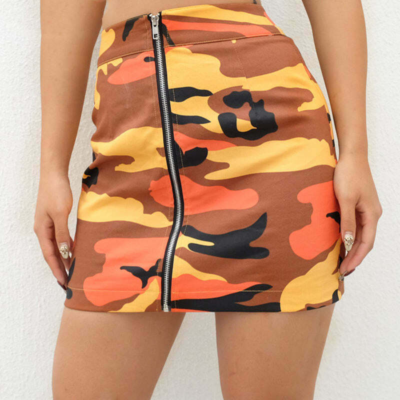 Trendy Zip-Front Camo Skirt with Drawstring - Stylish Y2K Bubble Skirt for Fashion Lovers