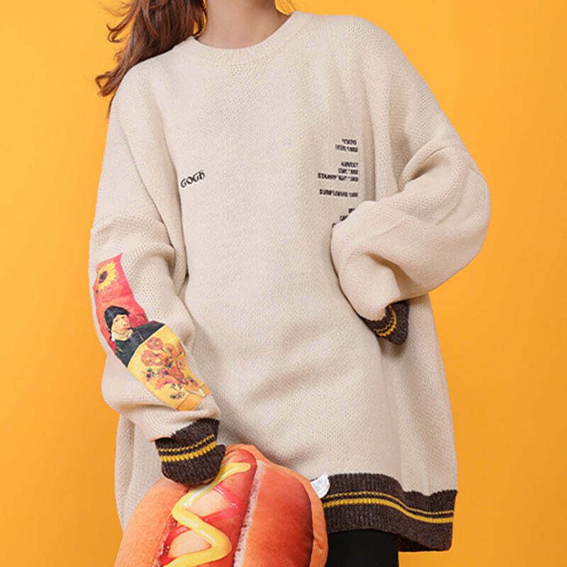 Unique Van Gogh Embroidery Cropped Sweater - Aesthetic Y2K Style for Trendy Looks