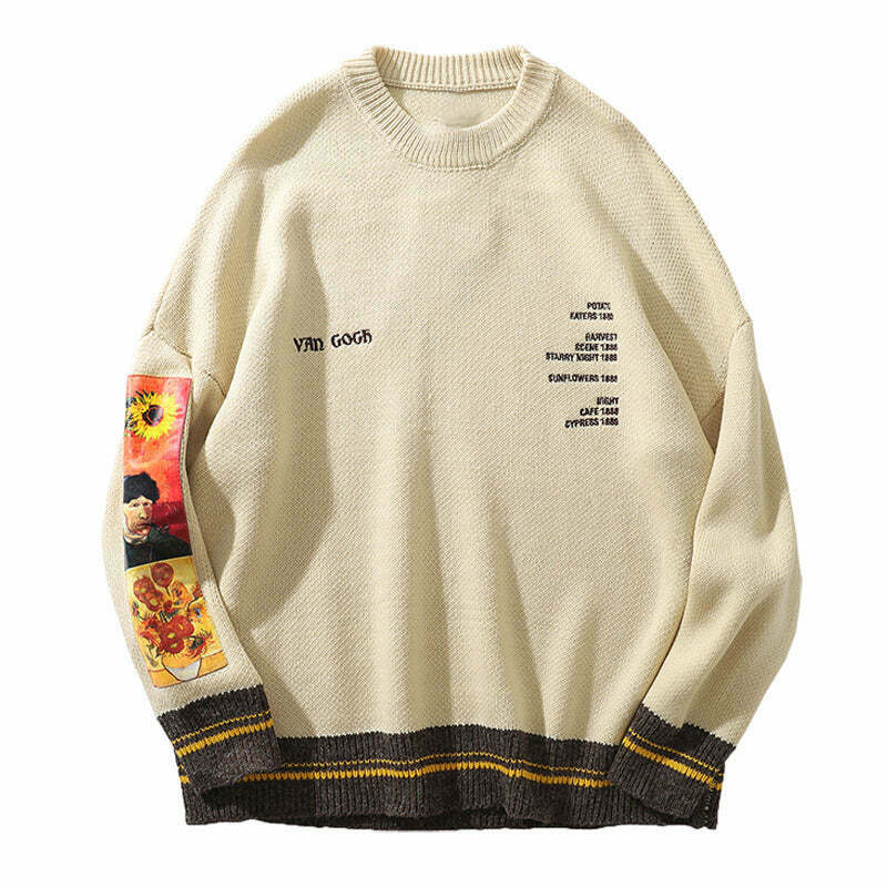 Unique Van Gogh Embroidery Cropped Sweater - Aesthetic Y2K Style for Trendy Looks