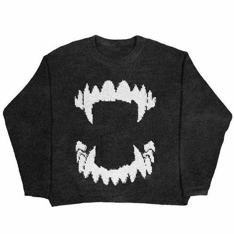 Vampire Teeth Oversized Cream Cropped Sweater - Y2K Aesthetic Embroidery Style