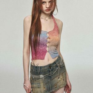 Vibrant Gradient Rainbow Knit Halter Top - Trendy Y2K Crop Top with Bow Tie Detail