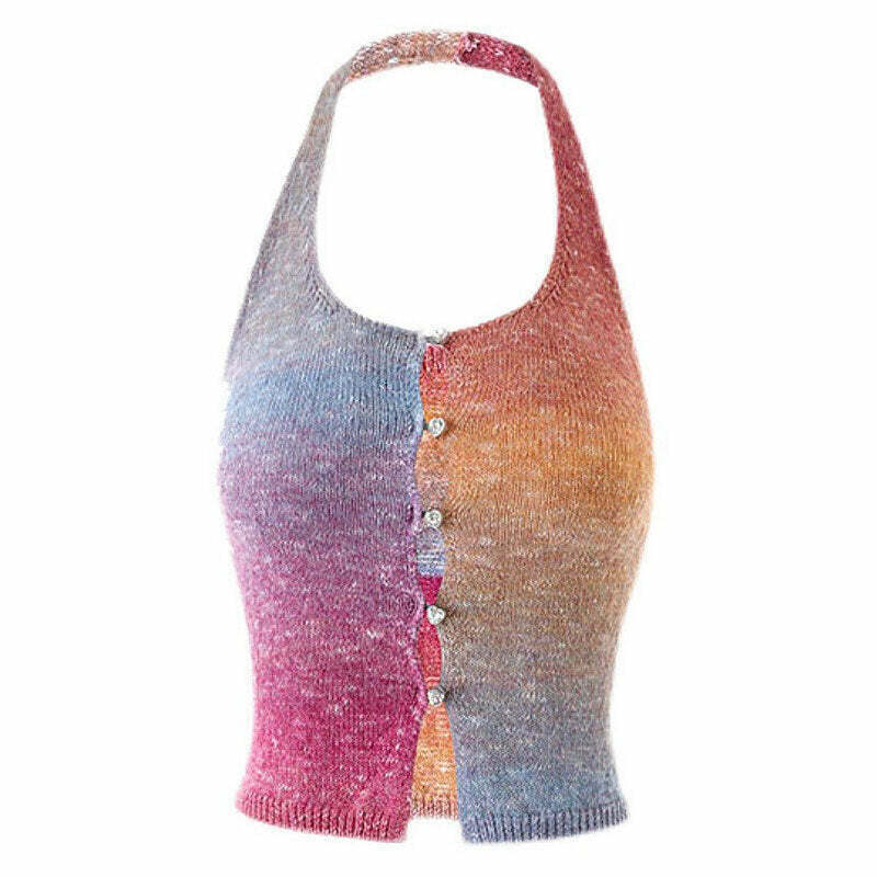 Vibrant Gradient Rainbow Knit Halter Top - Trendy Y2K Crop Top with Bow Tie Detail