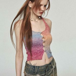 Vibrant Gradient Rainbow Knit Halter Top - Trendy Y2K Crop Top with Bow Tie Detail