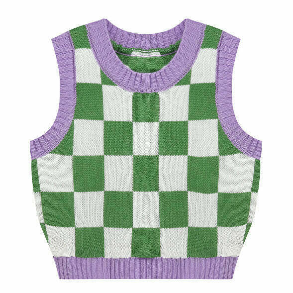 Vibrant Green & Lavender Checkered Vest - Trendy Gothic Style Sweater Vest for Y2K Fashion