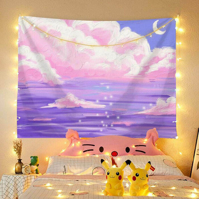 Vibrant Oil Painting Tapestry & LED Lights Set for Trendy Y2K Anime Aesthetic Decor