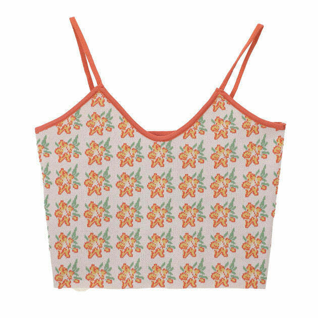 Vibrant Orange Flower Knit Tank Top - Trendy Y2K Style with Soft Fabric and Unique Design