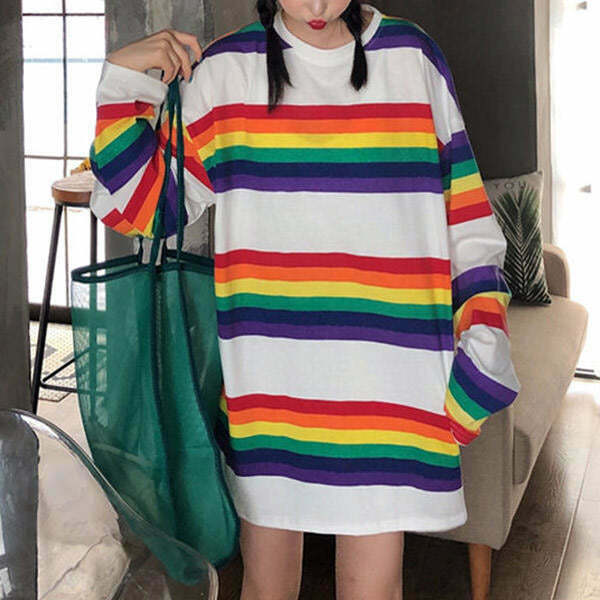 Vibrant Rainbow Connect Long Sleeve Tee - Trendy Y2K Style for Fashion-Forward Looks