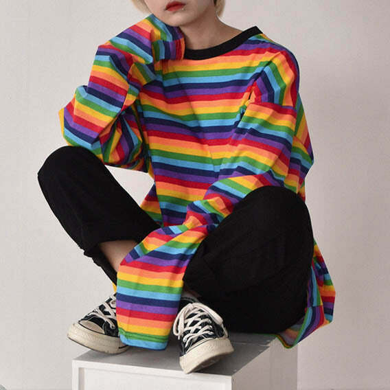 Vibrant Rainbow Extra Long Sleeve Tee - Y2K Fashion Essential for Trendy Outfits