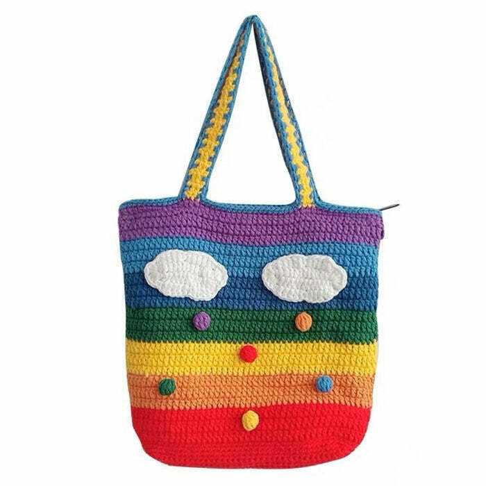 Vibrant Rainbow Knitted Tote Bag - Trendy Y2K Aesthetic for Stylish Everyday Use