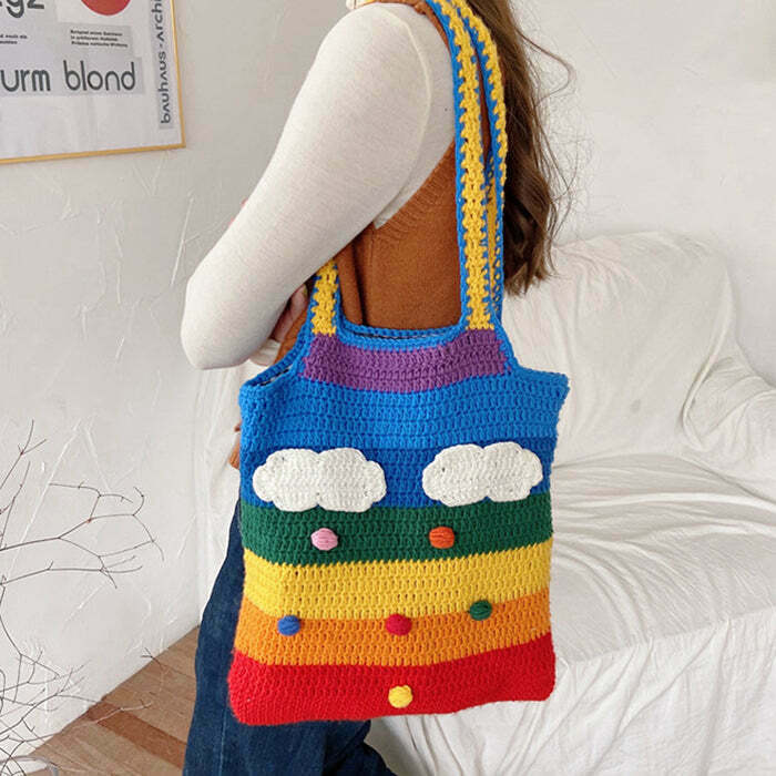 Vibrant Rainbow Knitted Tote Bag - Trendy Y2K Aesthetic for Stylish Everyday Use