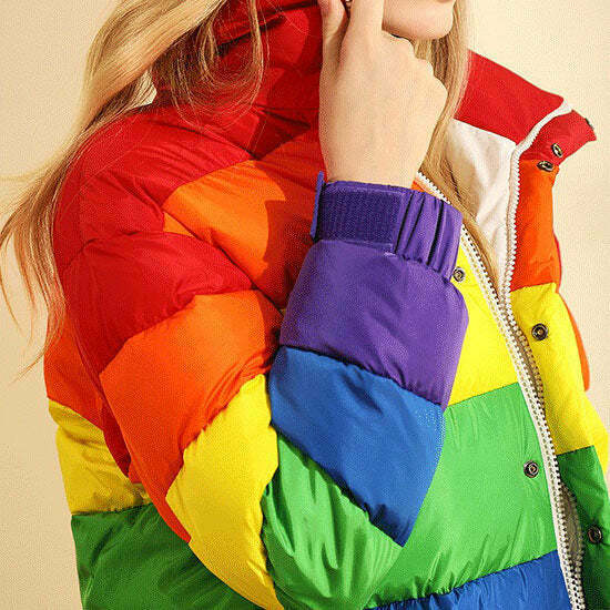 Vibrant Rainbow Puffer Jacket - Y2K Color Block Style for Trendy Streetwear Fashion