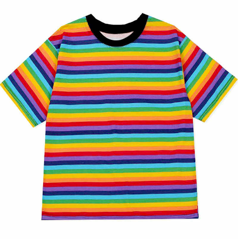 Vibrant Rainbow Tee - Y2K-Inspired Cotton-Spandex T-Shirt for Trendy Street Style