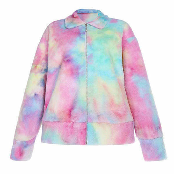 Vibrant Tie Dye Teddy Jacket - Trendy Y2K Style with Cozy Baggy Fit and Soft Fabric