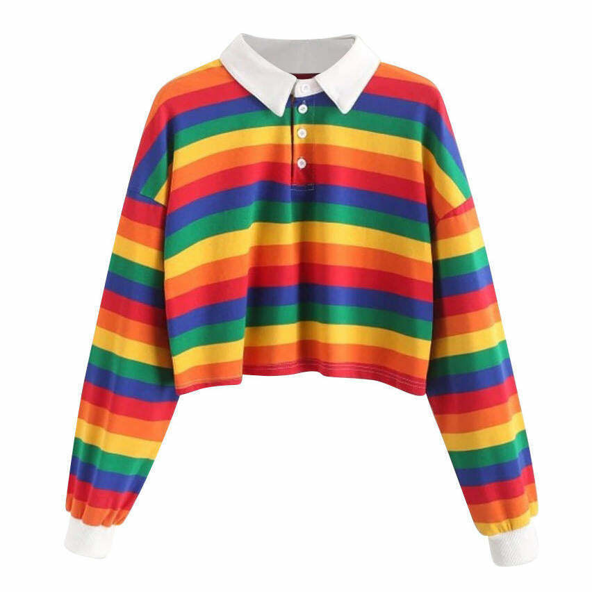 Vibrant Y2K Rainbow Collared Crop Top with Bow Tie Detail - Trendy Denim & Fairy Style